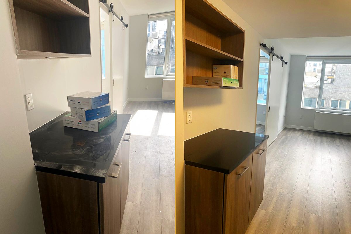 A dark stone counter with boxes stacked on it, and the same counter cleared with the boxes stored on the shelf above