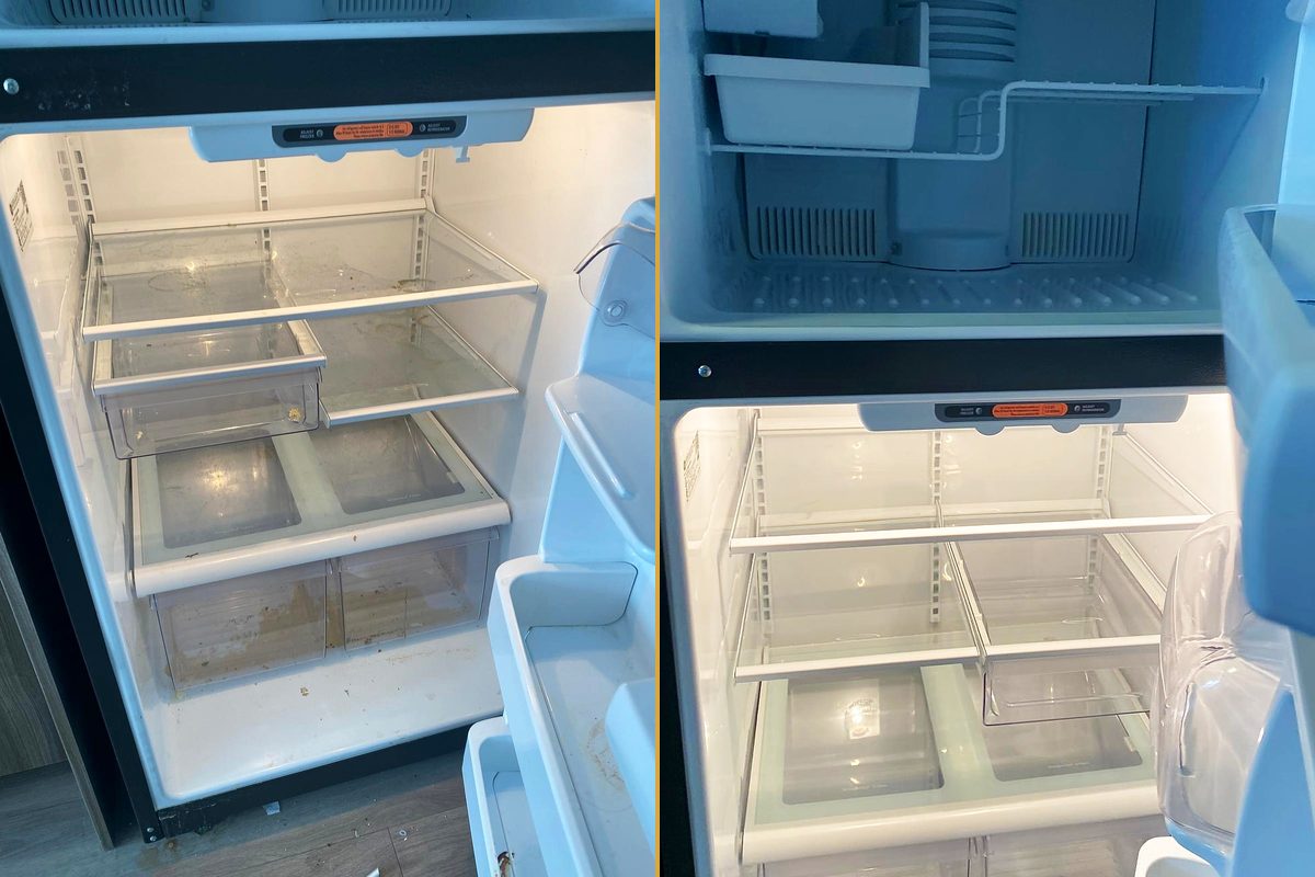 A refrigerator interior with dried spills across the glass shelves, and the same interior washed clean