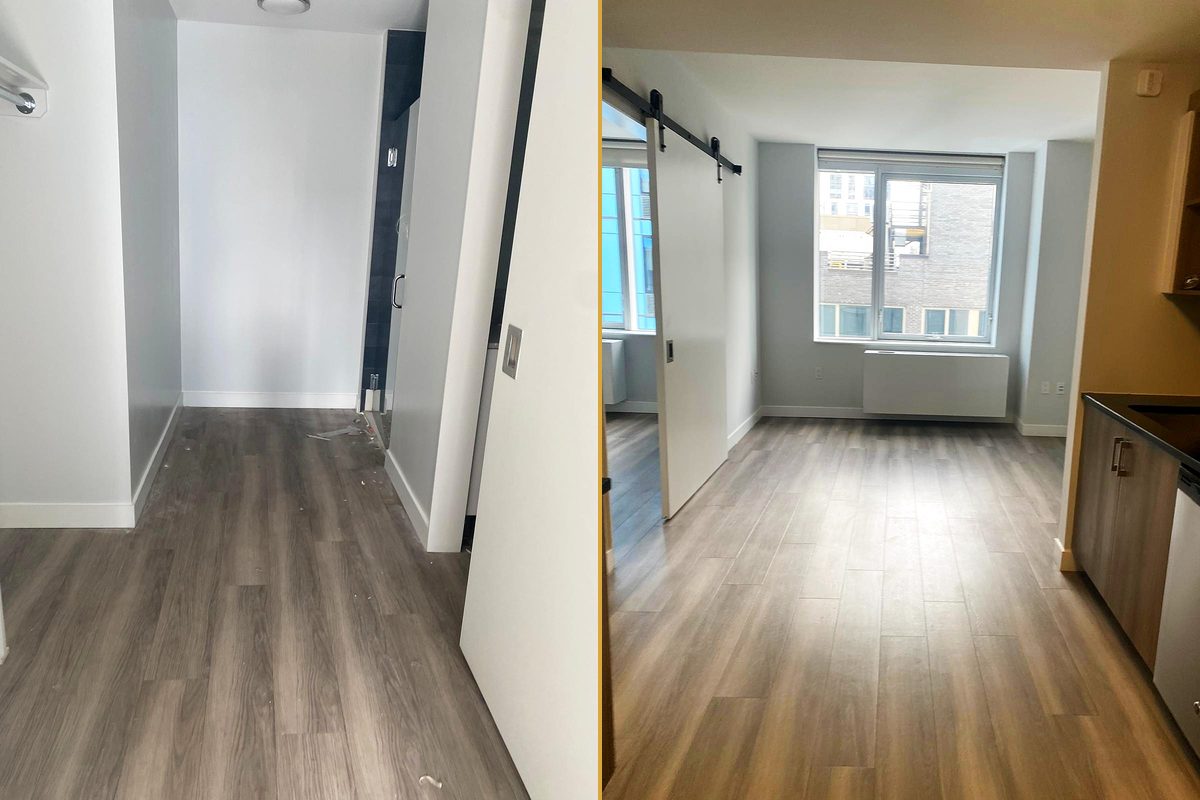 A dull plank floor running down a hallway, and the same floor clean and catching the light