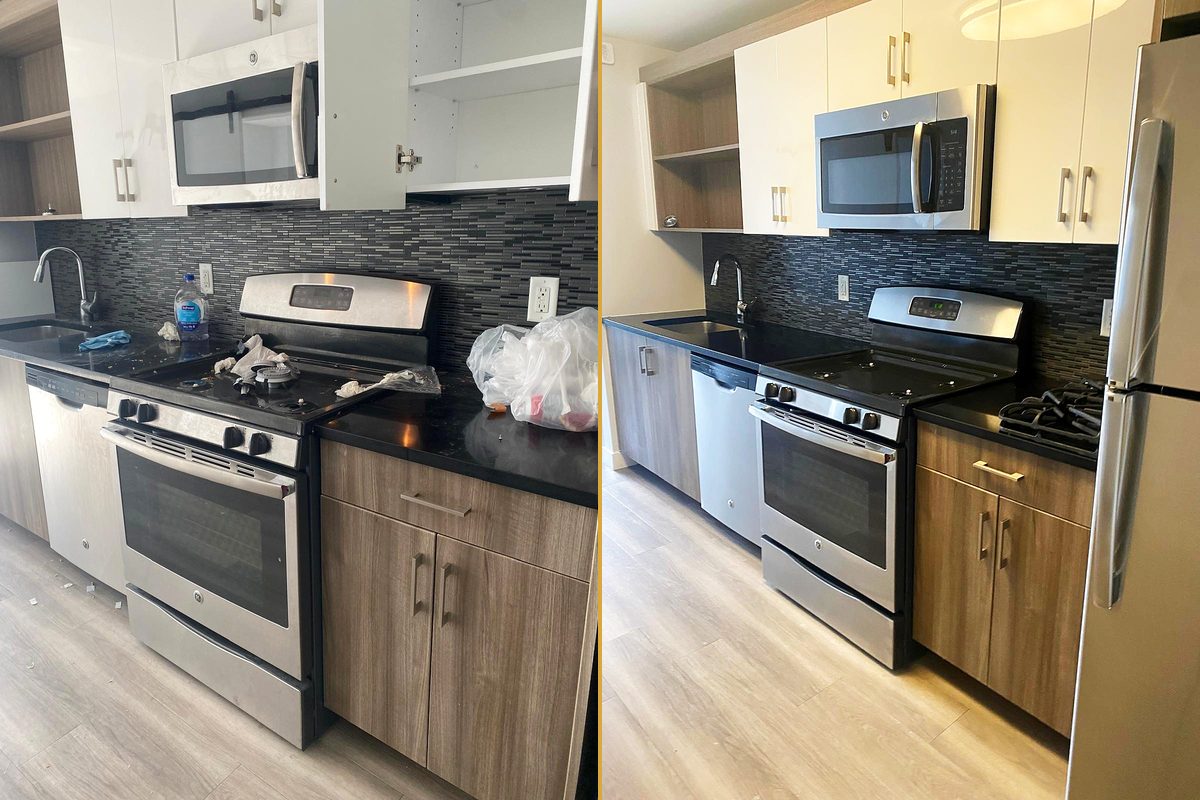 A kitchen with trash on the counter and a dirty stovetop, and the same kitchen cleared and wiped down