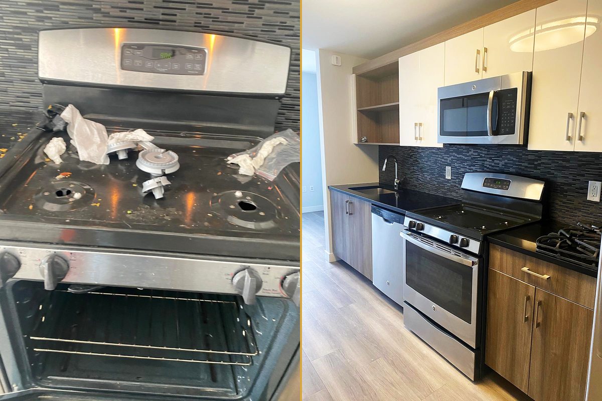 A stovetop buried under packaging and debris with the oven standing open, and the same range clean and closed