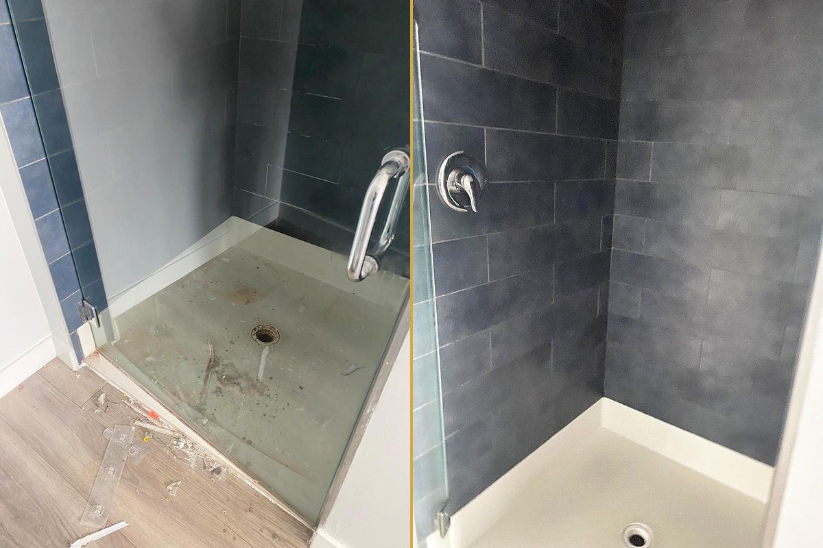 A shower stall with debris across the base and on the floor outside it, and the same stall and floor clean