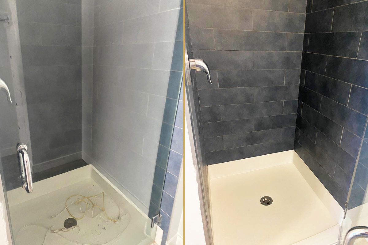 A tiled shower stall with grit and debris across the base, and the same stall spotless afterwards