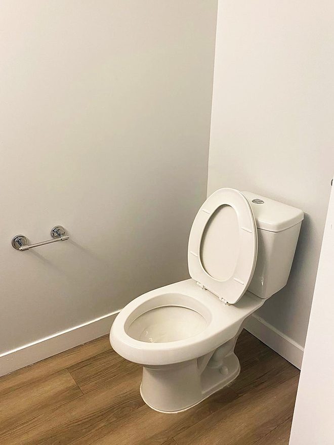 A second toilet, cleaned, with the floor around it