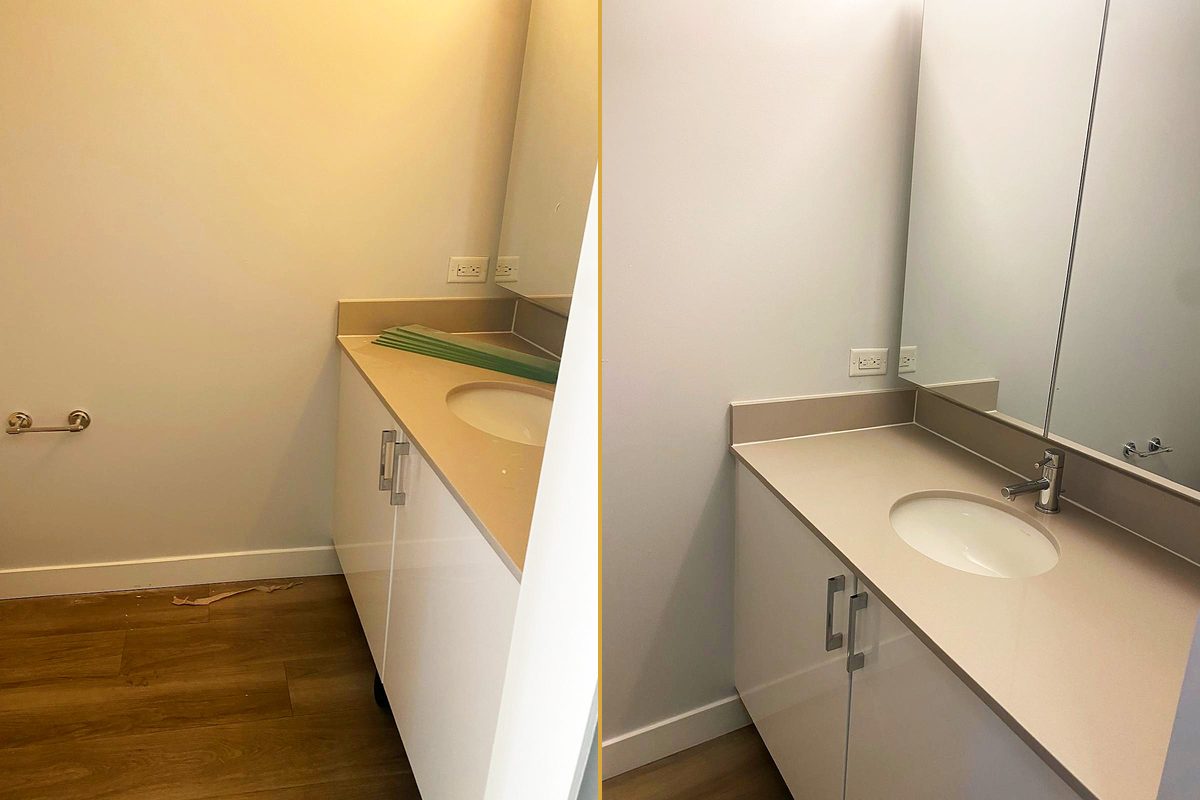 A bathroom vanity with items left on the counter and litter on the floor, and the same vanity cleared and wiped down