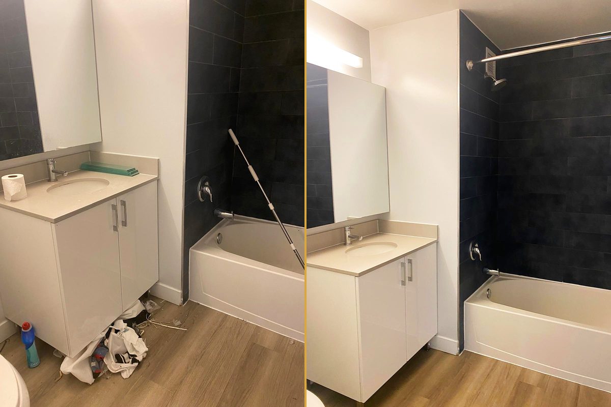 A bathroom with cloths and clutter on the floor beside the tub, and the same bathroom clear and wiped down
