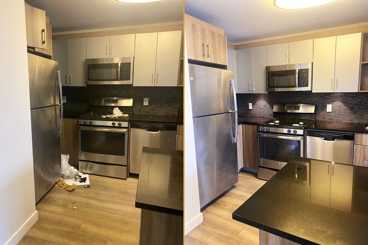 A kitchen with debris across the floor beside the refrigerator, and the same kitchen clear and clean