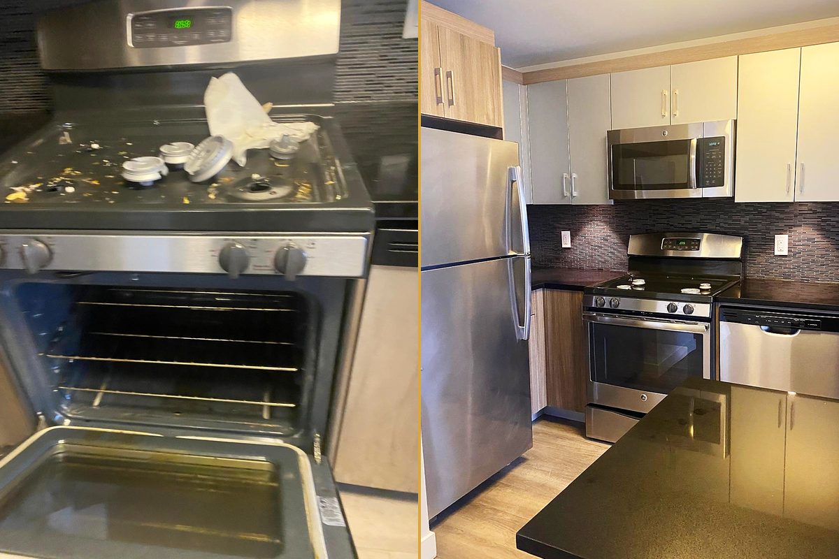A stovetop covered in leftover packaging with the oven open, and the same kitchen with the cooktop clear
