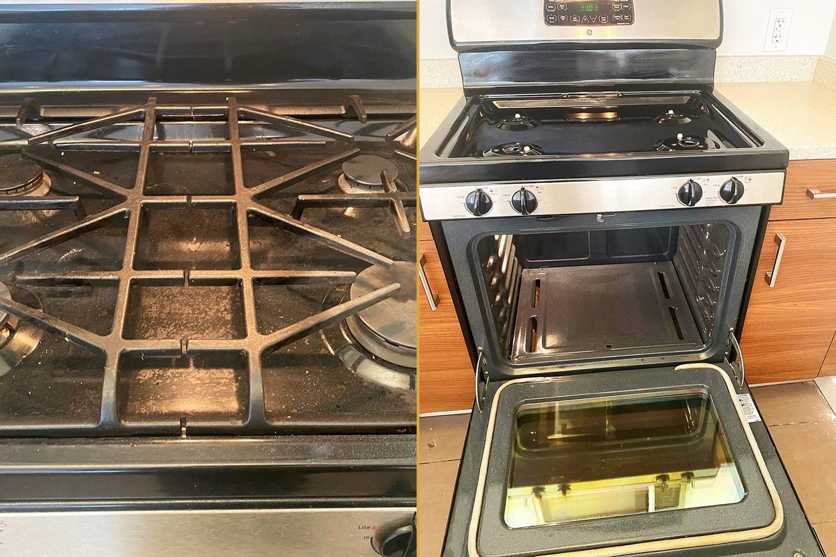 A gas cooktop with heavy baked-on grease across the grates, and the same cooktop clean