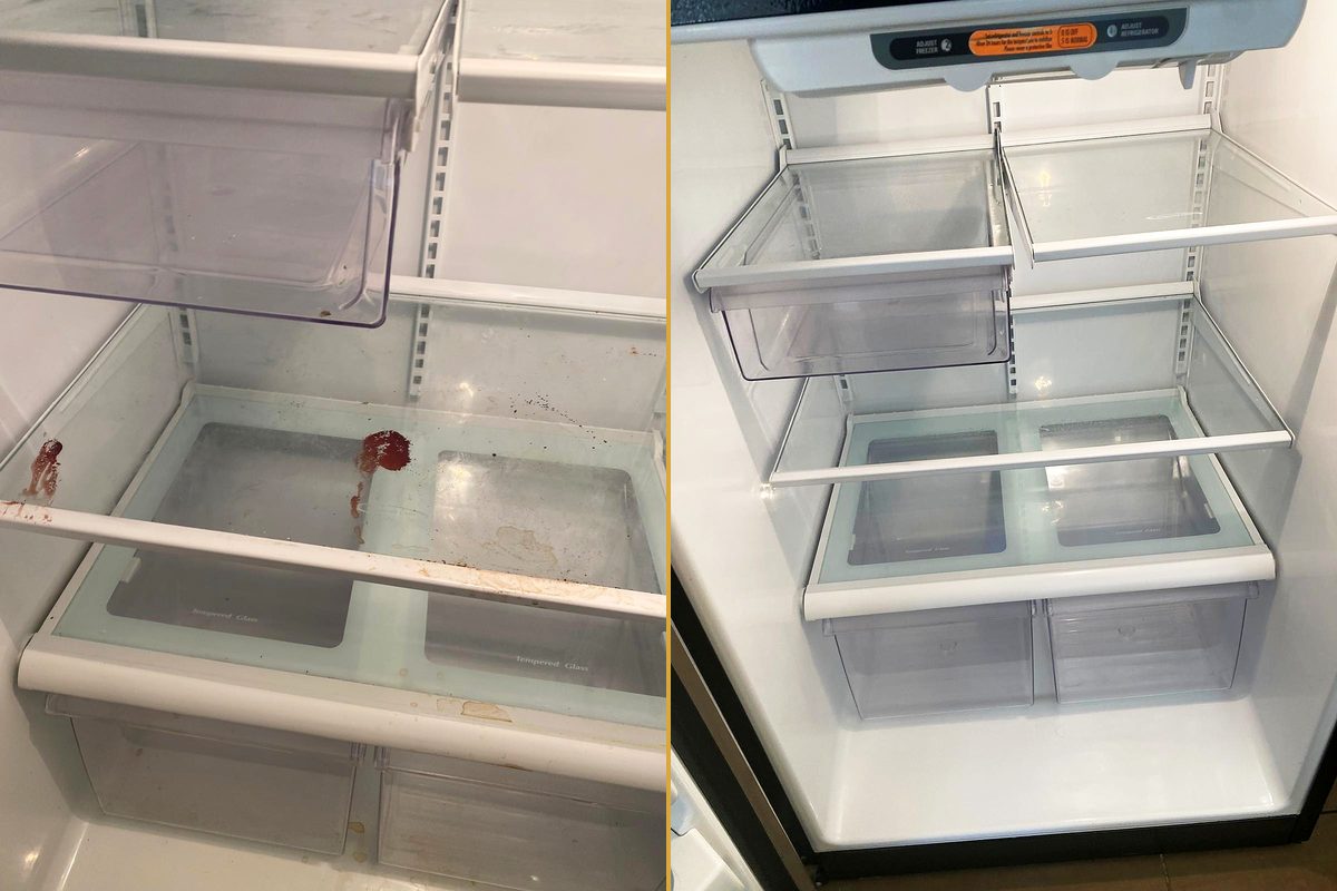 Refrigerator shelves and a drawer with dried red staining, and the same interior clean