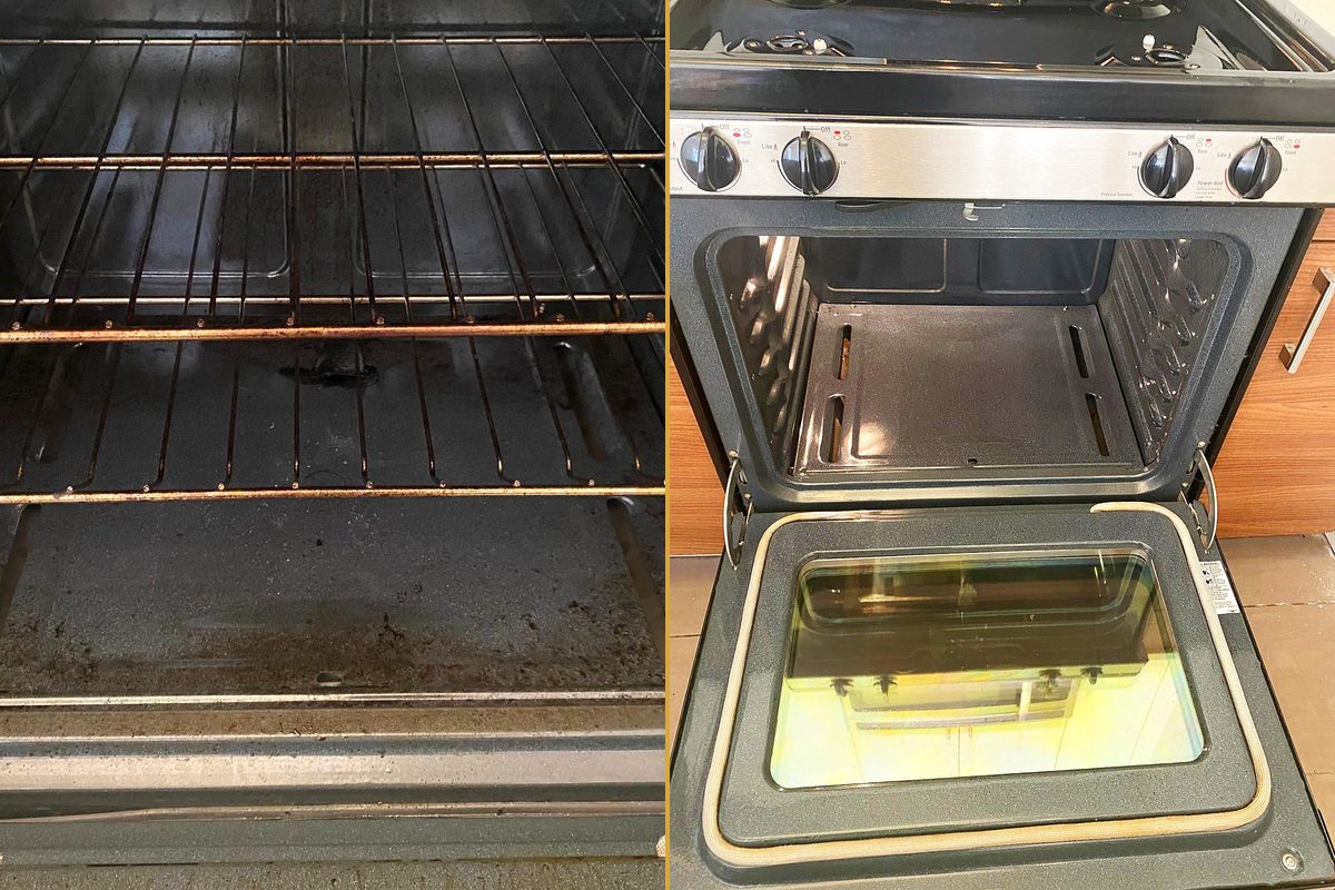 The inside of an oven with grease baked onto the racks and floor, and the same cavity clean