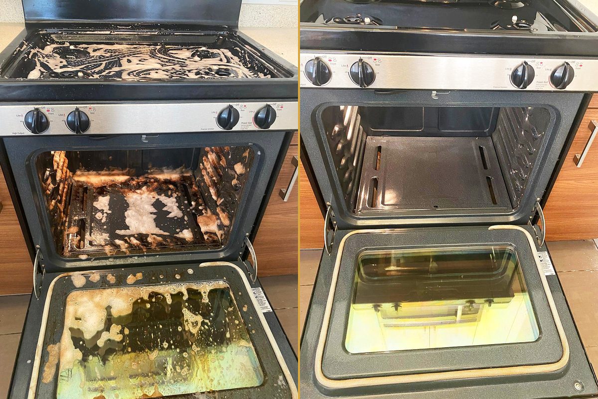 A gas oven caked with burnt-on grease and spill, and the same oven bare and clean after a deep clean