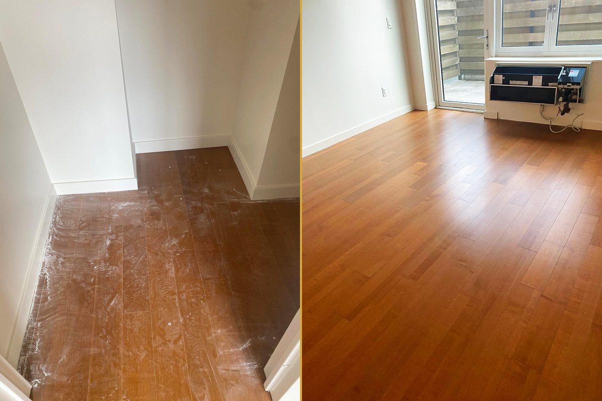 A dusty hardwood corner against white skirting, and the same corner clean