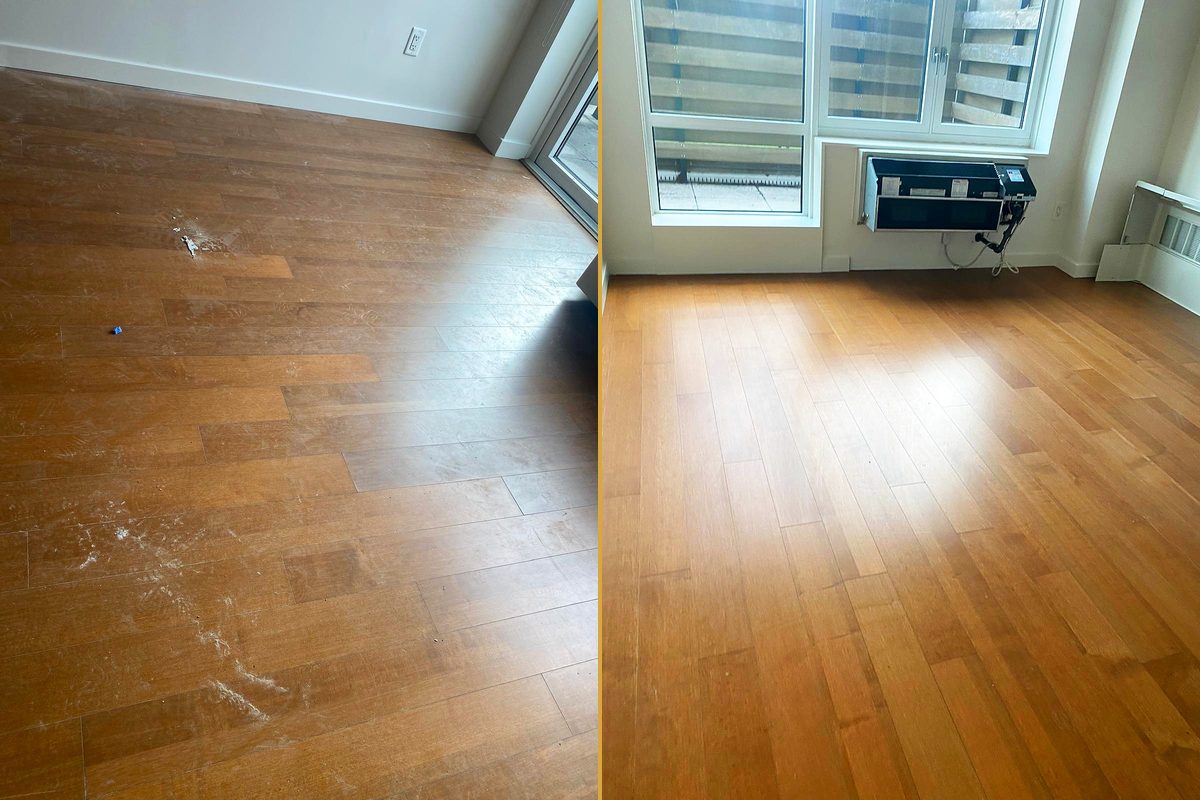 A hardwood floor dulled with dust and dried residue, and the same floor clean and reflecting the window
