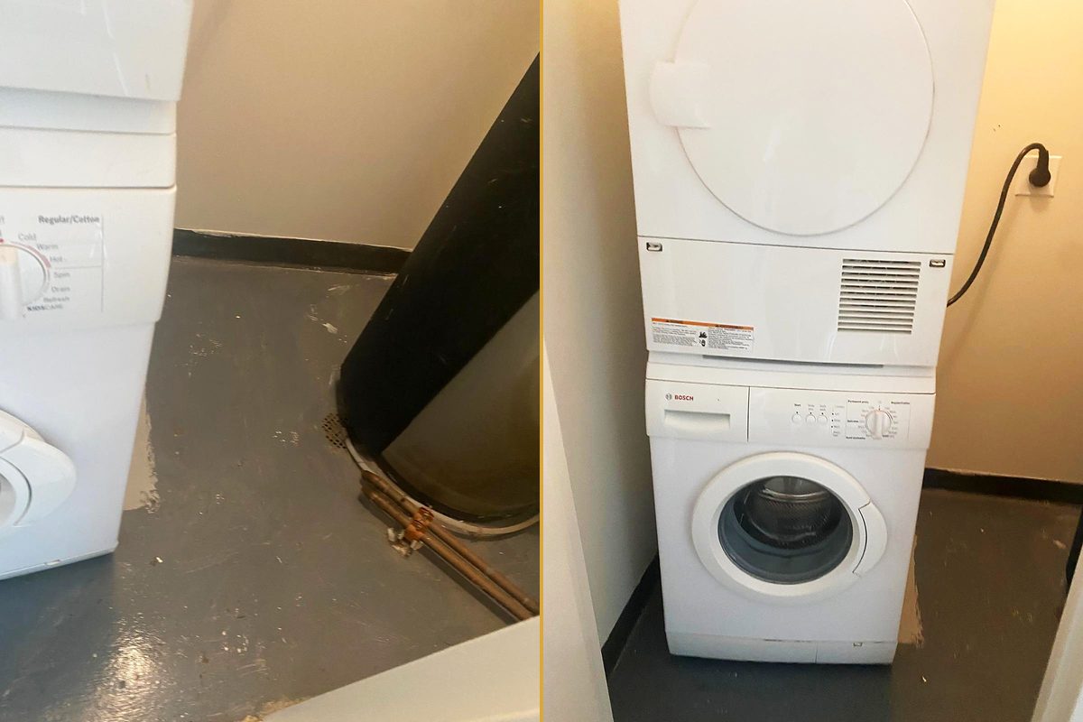 A grimy laundry floor beside a washer, and the same corner clean with the machines back in place